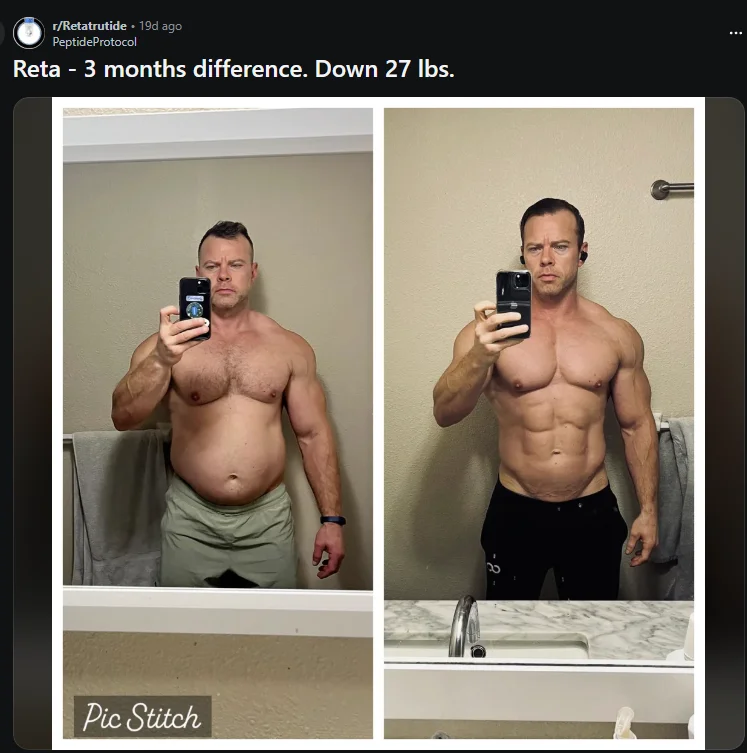 Retatrutide avant après Reddit — moins 27 lbs en 3 mois, transformation musculaire avec abdominaux visibles