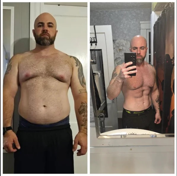 Retatrutide avant après — transformation d'un physique en surpoids vers une composition musclée et athlétique