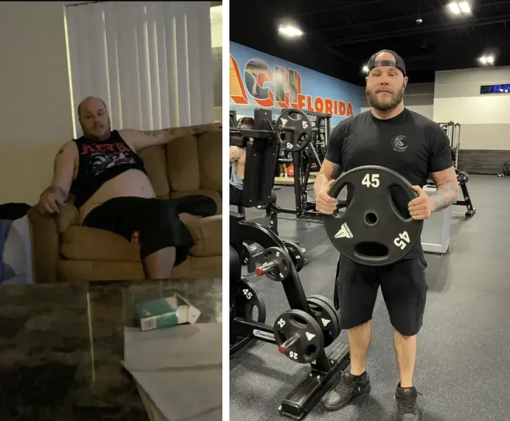 Retatrutide avant après — transformation complète d'un physique en surpoids vers un mode de vie sportif et athlétique en salle