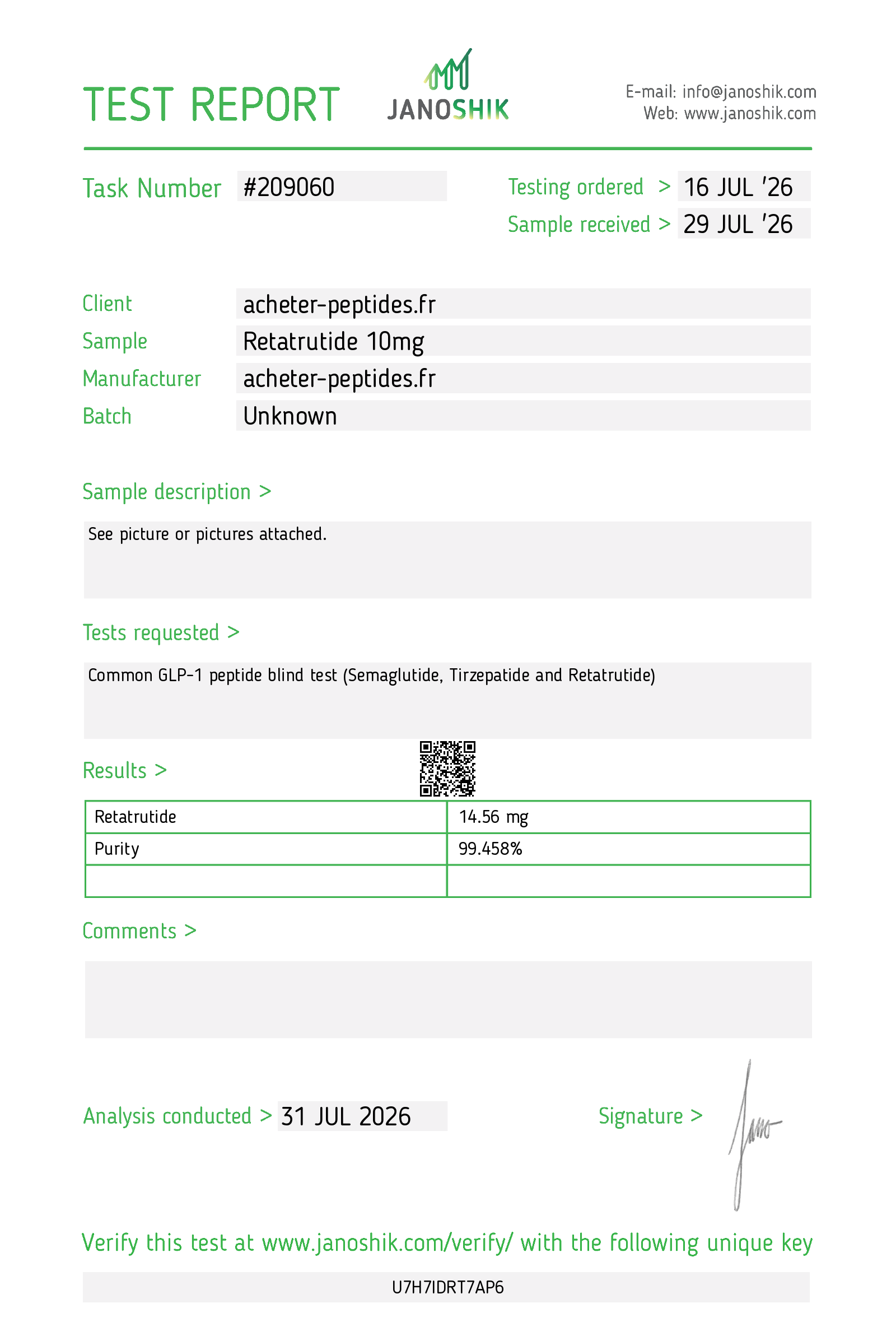 Certificat d'analyse (CoA) du rétatrutide, pureté HPLC 99,458%, laboratoire indépendant Janoshik, rapport #209060