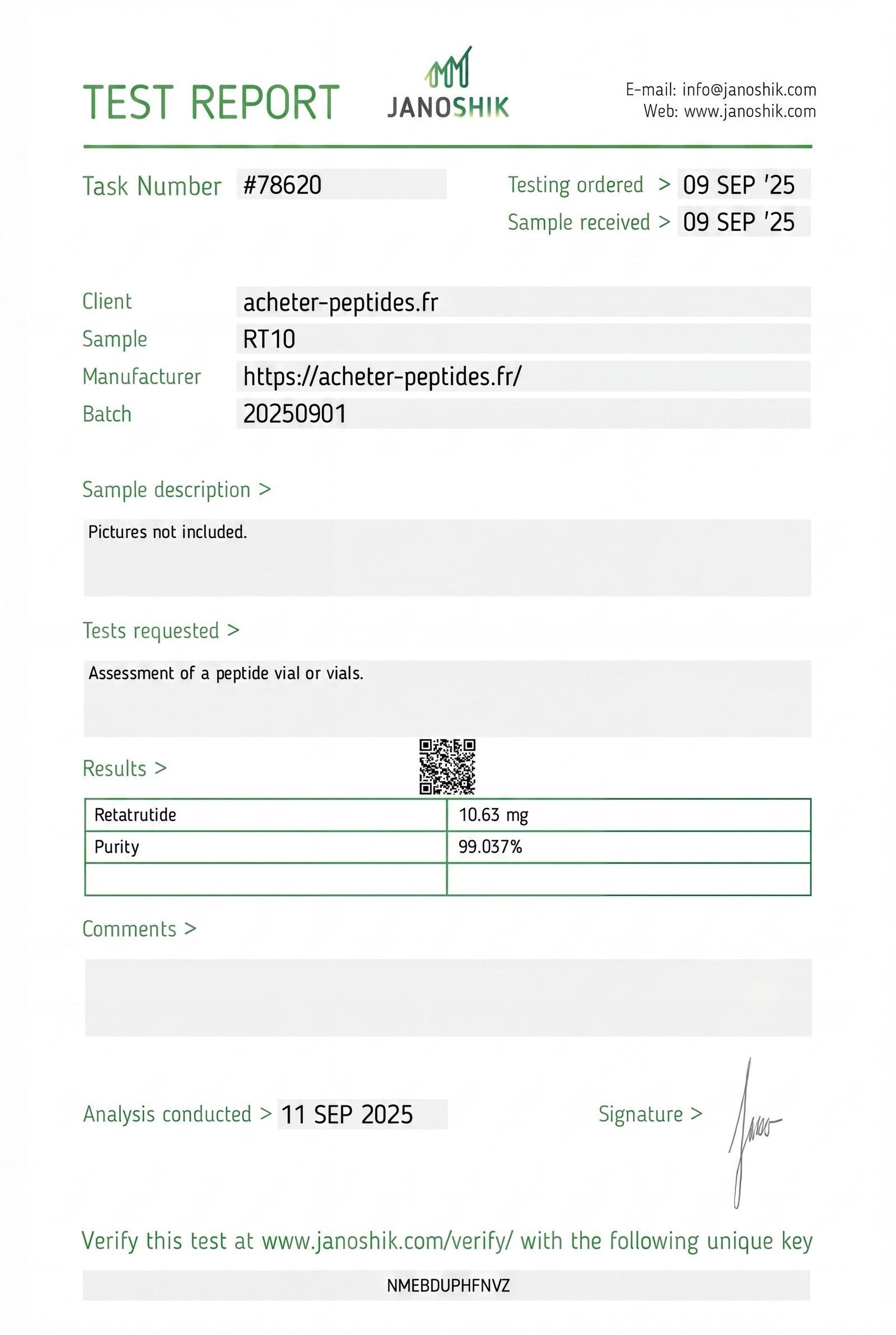 Certificat d'analyse (CoA) du rétatrutide, pureté HPLC, laboratoire indépendant Janoshik